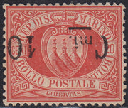 CG76 - 1892 - Stemma, c. 10 su 20c. rosso soprastampa capovolta + "mi" caduta in basso nuovo con gomma (10a + 10l)