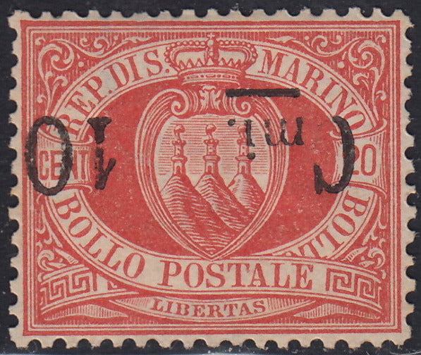CG76 - 1892 - Stemma, c. 10 su 20c. rosso soprastampa capovolta + "mi" caduta in basso nuovo con gomma (10a + 10l)