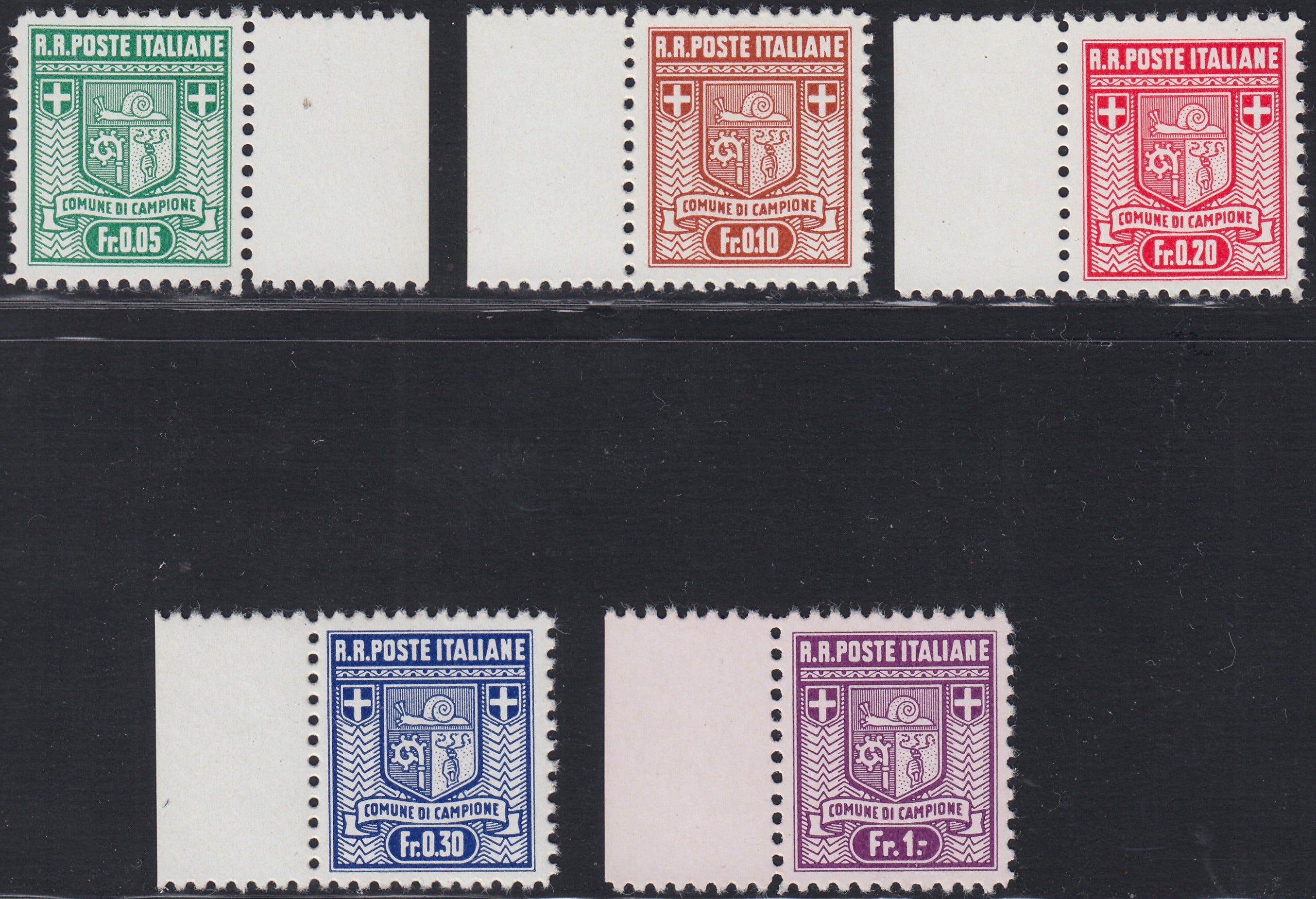 CI4 - 1944 - Campione d'Italia, stemma del comune, serie completa di cinque valori dentellatura 11 nuovi gomma integra (1/5)