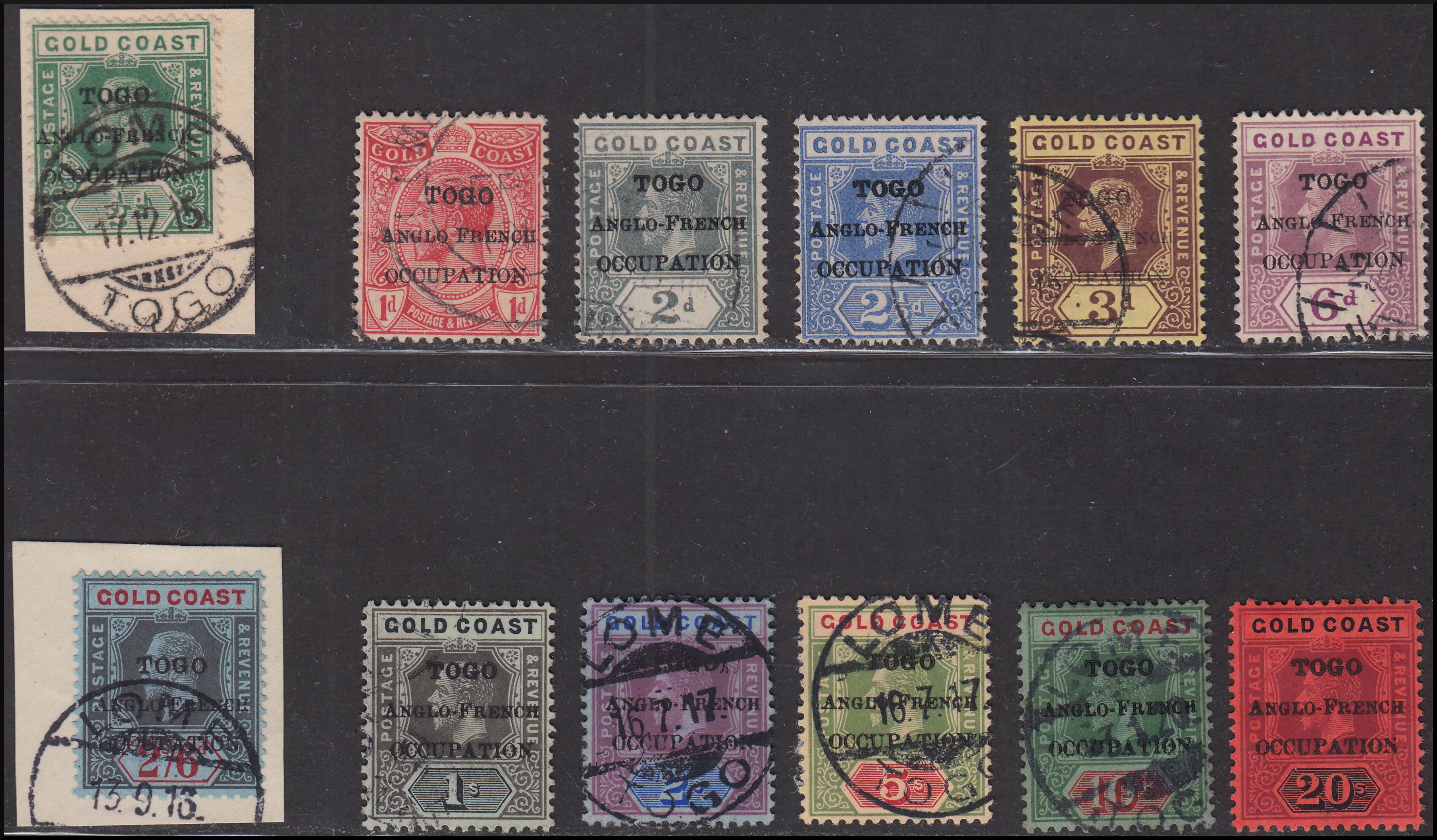 CING_1 - 1915 - Colonie Inglesi, GOLD COAST soprastampata TOGO anglo-french occupation, serie di 12 esemplari compreso l'esemplare da 20$ usata, con l'alto valore nuovo con gomma.
