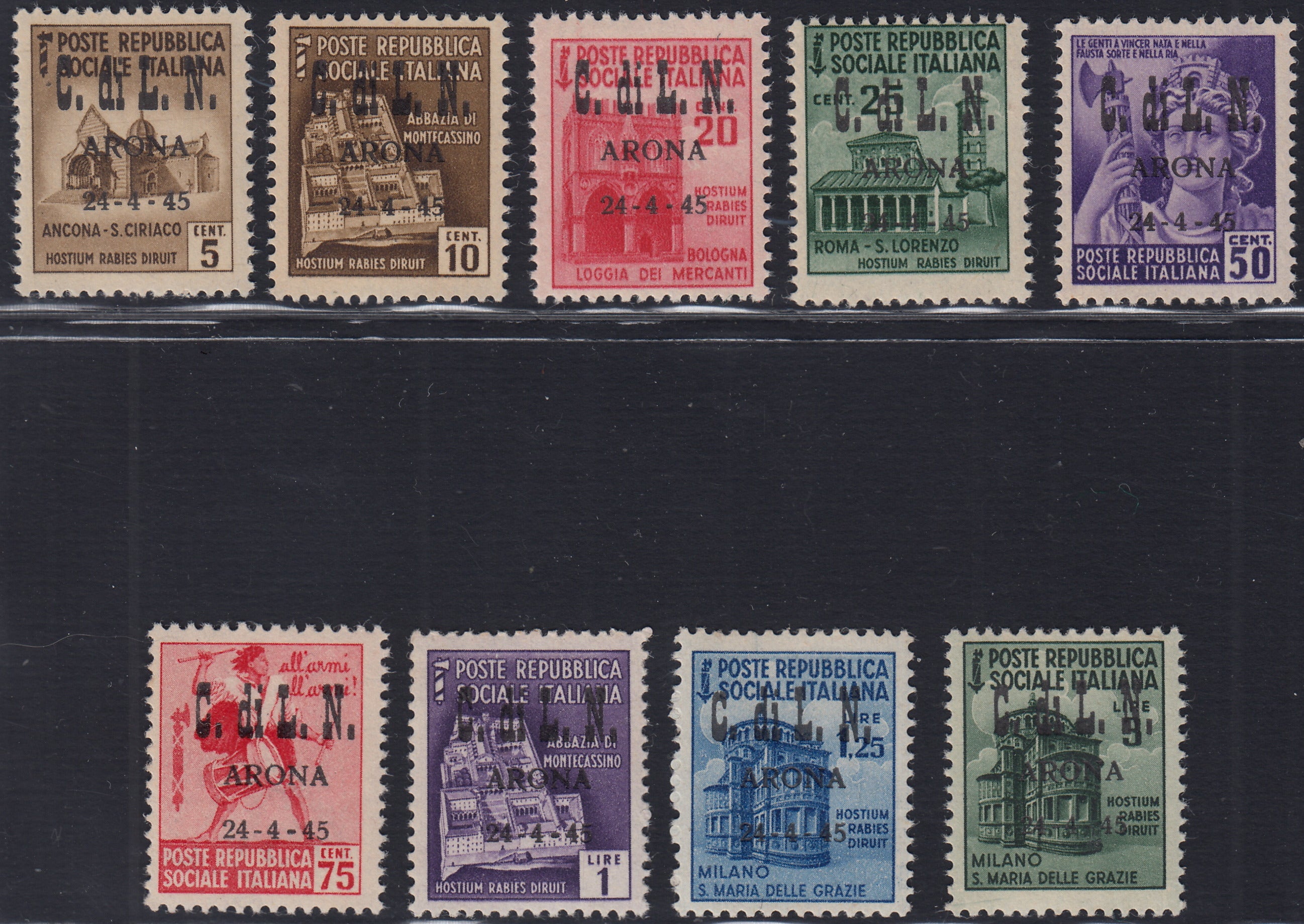CLN106 - 1945 - CLN Arona - Francobolli della serie "monumenti distrutti" con sprastampa "CLN ARONA", serietta nuova gomma integra (1/4 + 5/10)