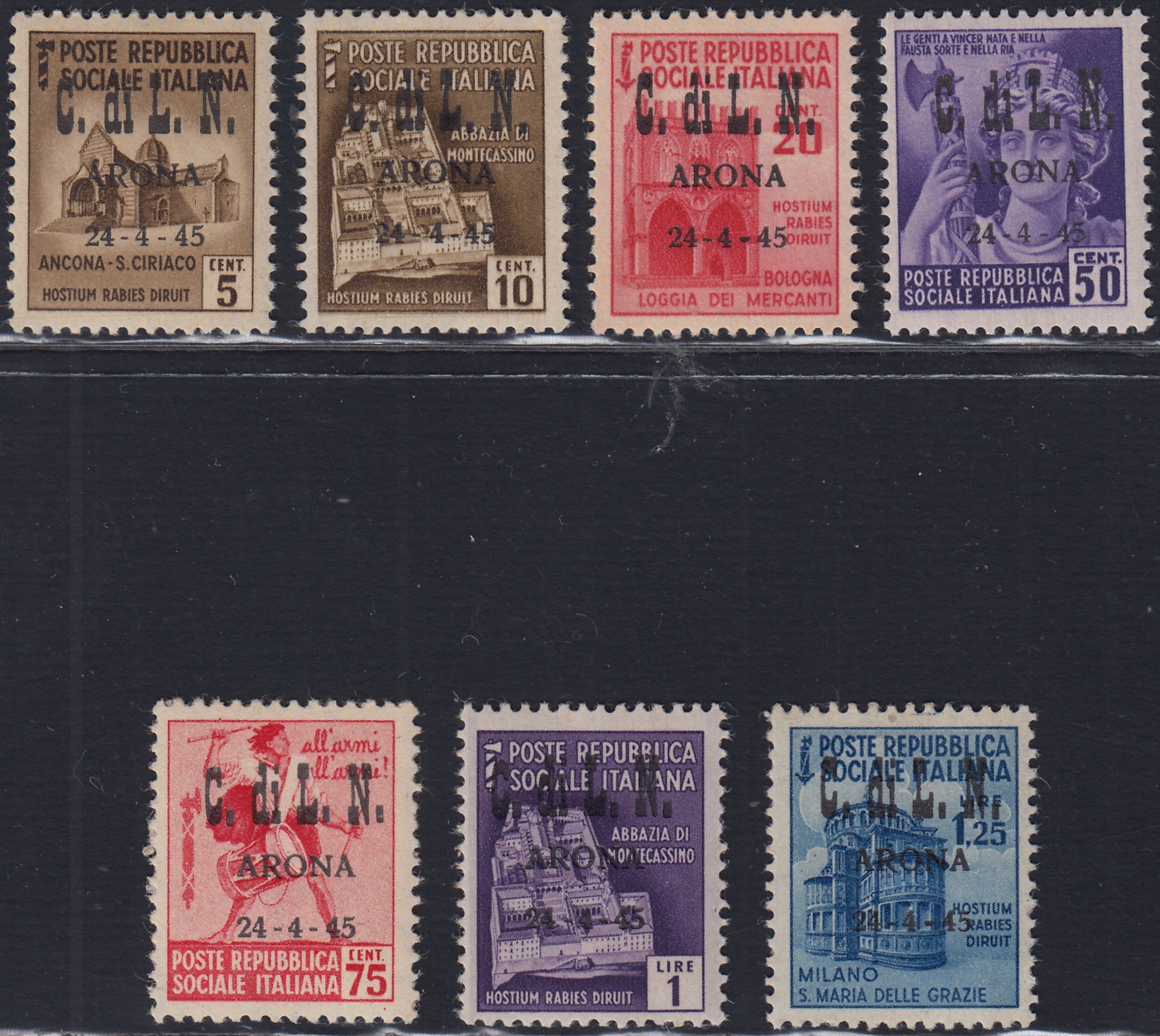 CLN109 - 1945 - CLN Arona - Francobolli della serie "monumenti distrutti" con sprastampa "CLN ARONA" (1/3 + 5/9)