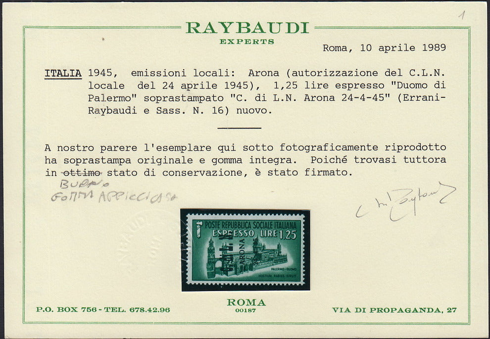 CLN111 - 1945 - CLN Arona - Espresso di Repubblica Sociale soprastampato "CLN ARONA" nuovo con gomma originale (18)