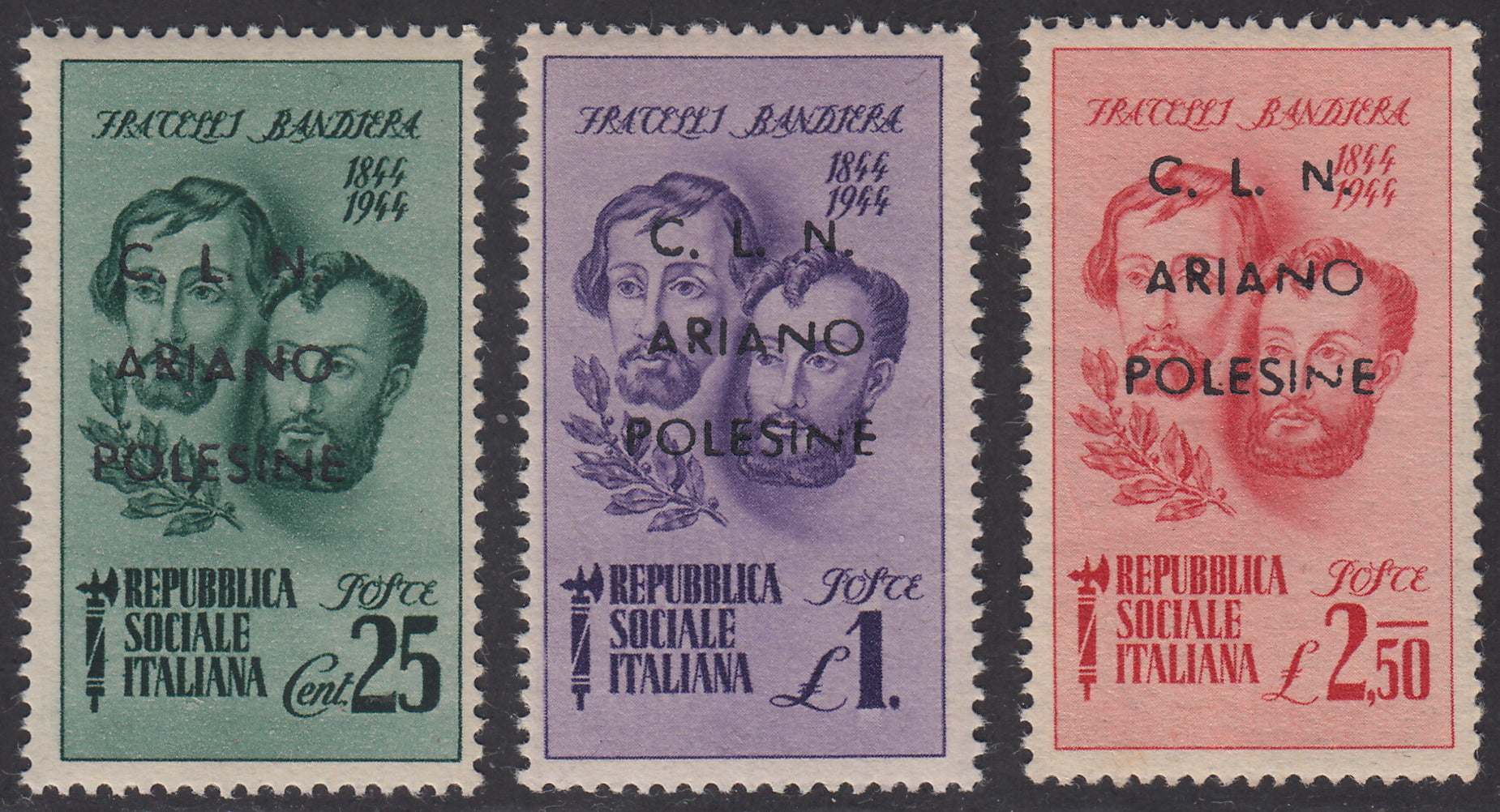 CLN28 - 1944 - RSI stamps overprinted "CLN ARIANO POLESINE" series of three stamps with overprints of different colors, new with intact gum (Unif. 38/40).