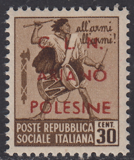 CLN28 - 1944 - RSI stamps overprinted "CLN ARIANO POLESINE" series of three stamps with overprints of different colors, new with intact gum (Unif. 38/40).