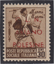 CLN28 - 1944 - Sellos RSI sobreimpresos "CLN ARIANO POLESINE" serie de tres sellos con sobreimpresiones de distintos colores, nuevos con goma intacta (Unif. 38/40). 