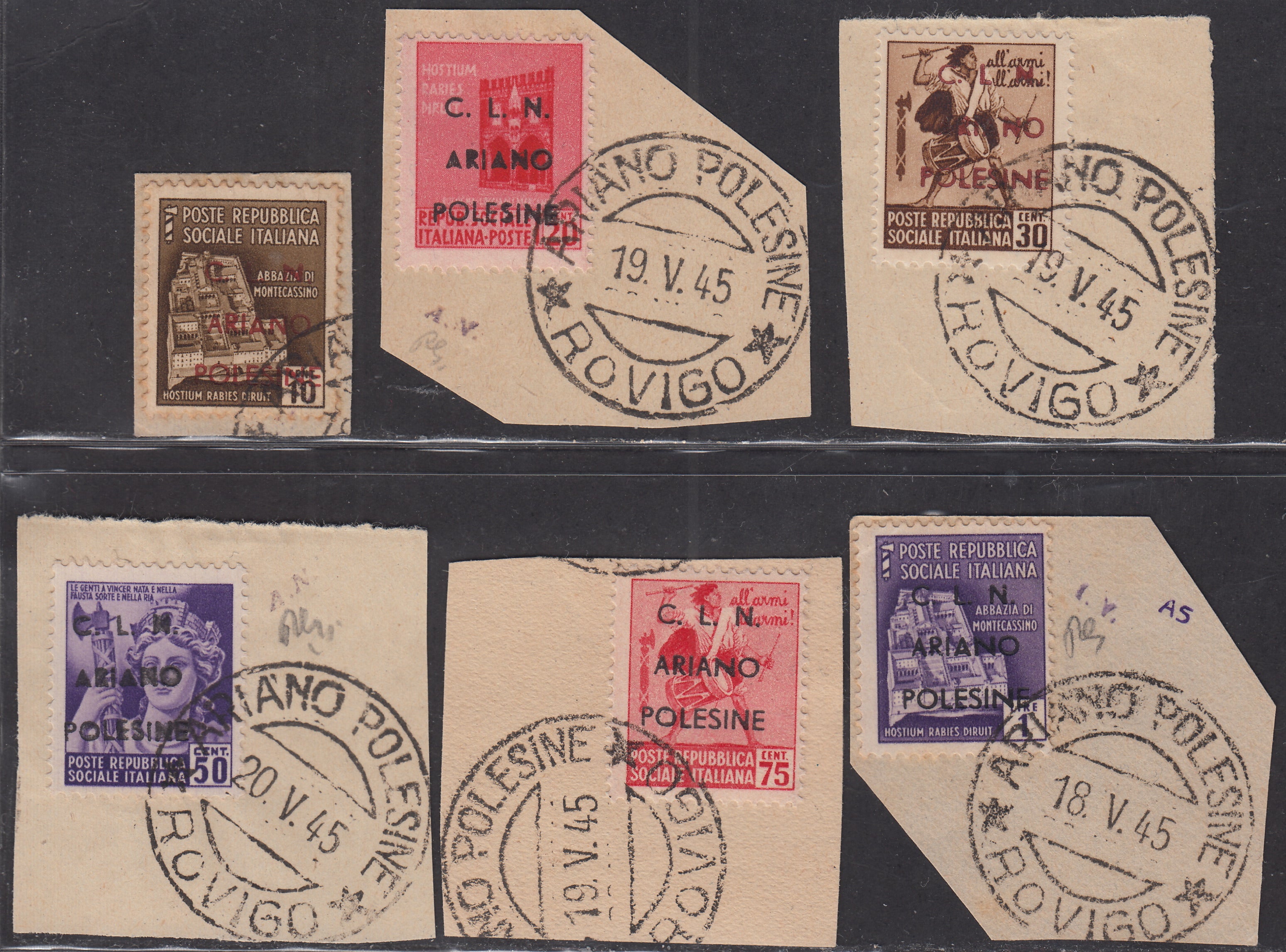 CLN28 - 1944 - RSI stamps overprinted "CLN ARIANO POLESINE" series of three stamps with overprints of different colors, new with intact gum (Unif. 38/40).