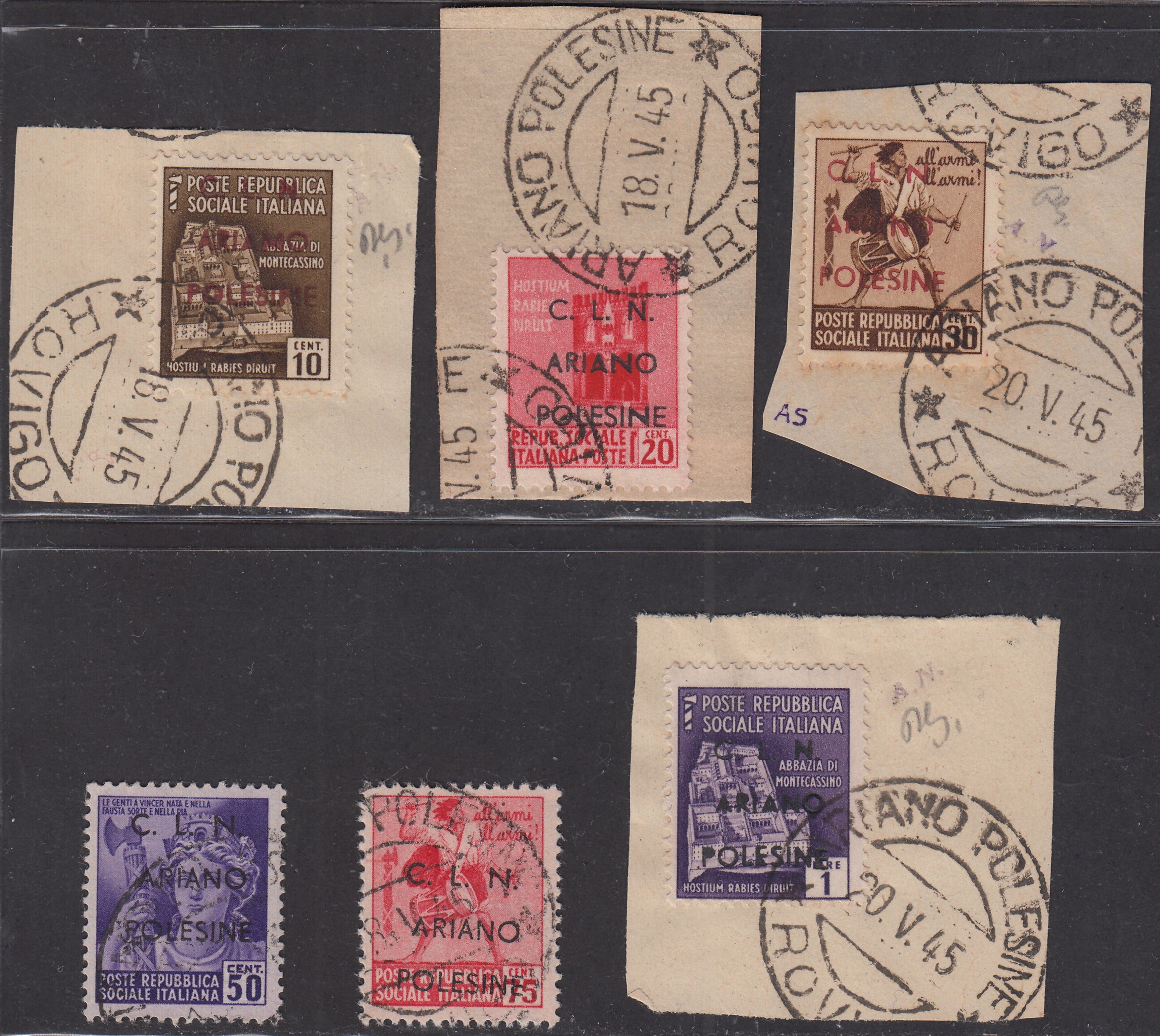 CLN28 - 1944 - RSI stamps overprinted "CLN ARIANO POLESINE" series of three stamps with overprints of different colors, new with intact gum (Unif. 38/40).