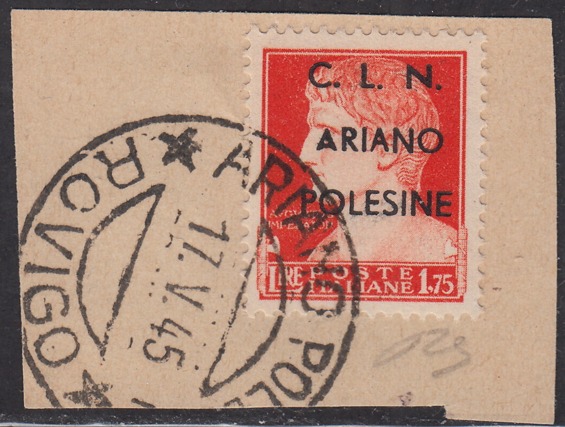 CLN28 - 1944 - RSI stamps overprinted "CLN ARIANO POLESINE" series of three stamps with overprints of different colors, new with intact gum (Unif. 38/40).