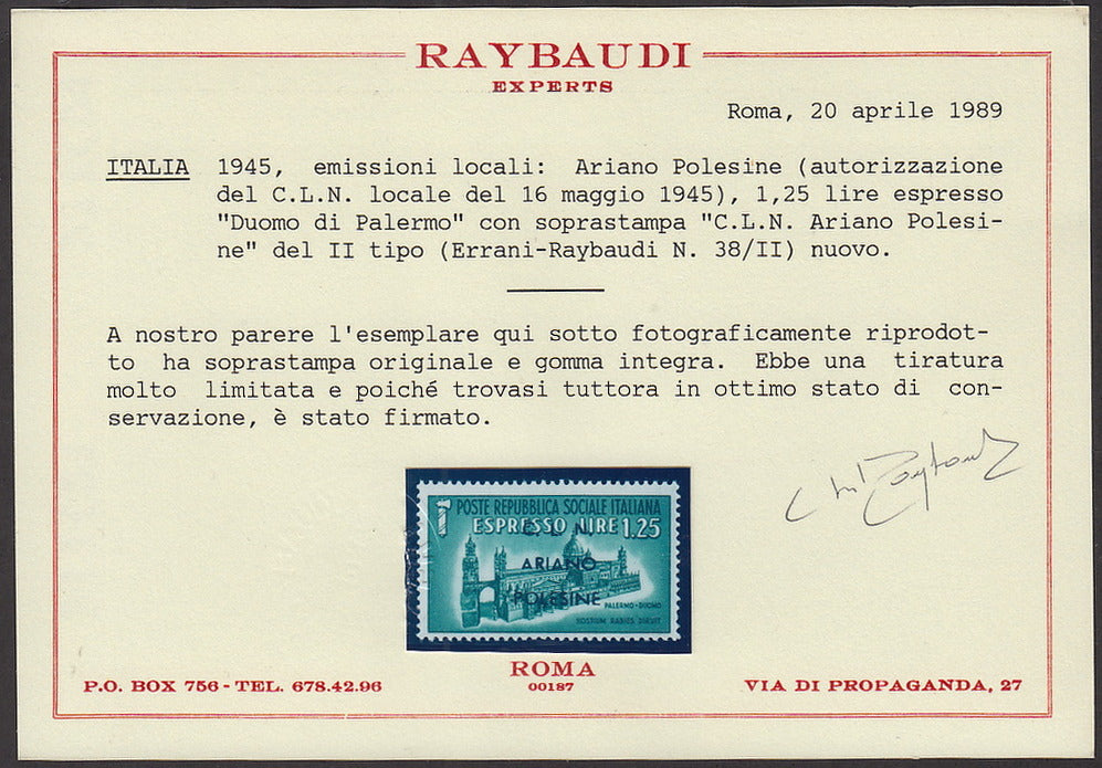 CLN69 - 1944 - Espresso di RSI soprastampato "CLN ARIANO POLESINE" nuovo con gomma integra (Unif. 37).