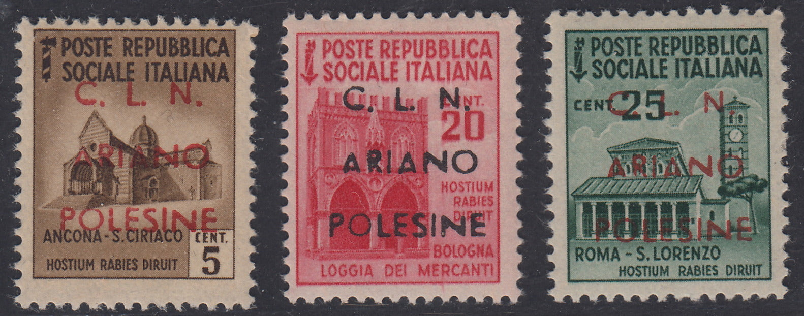 CLN28 - 1944 - RSI stamps overprinted "CLN ARIANO POLESINE" series of three stamps with overprints of different colors, new with intact gum (Unif. 38/40).