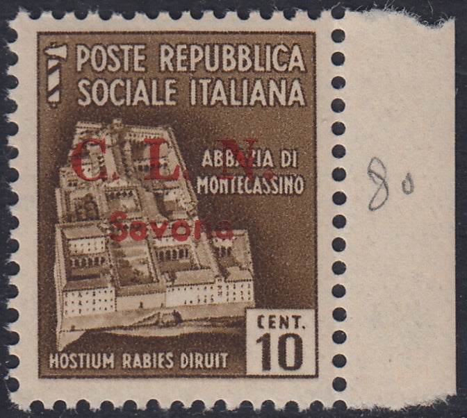 CLN86 - 1945 Monumenti Distrutti c. 10 bruno con soprastampa C.L.N. Savona in rosso, varietà "punto piccolo dopo C" nuovo integro (2db)