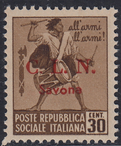 CLN87 - 1945 Monuments Destroyed c. 30 brown with overprint CLN Savona in red, variety "small dot after C" new intact (5db)