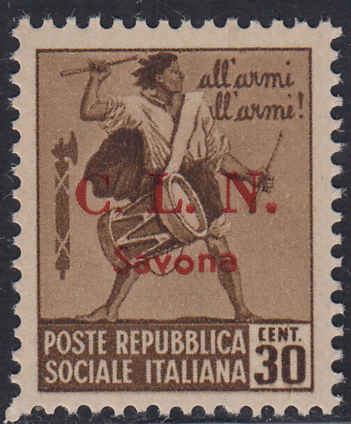 CLN87 - 1945 Monumenti Distrutti c. 30 bruno con soprastampa C.L.N. Savona in rosso, varietà "punto piccolo dopo C" nuovo integro (5db)