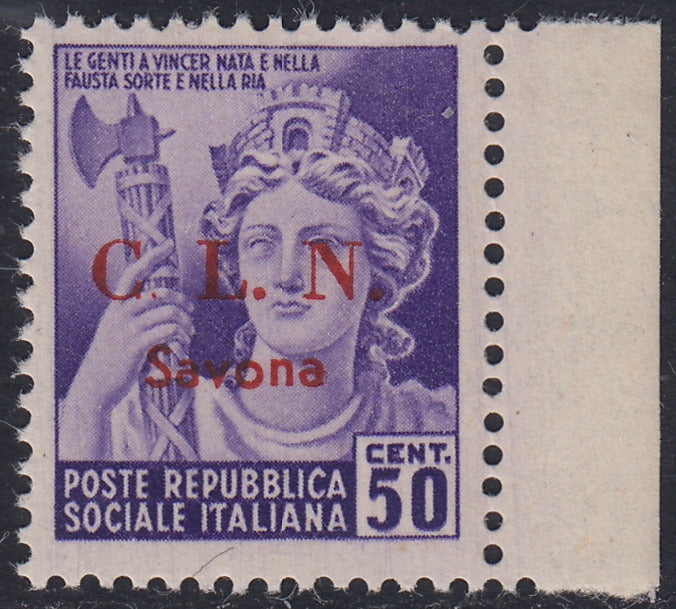 CLN88 - 1945 Monumenti Distrutti c. 50 violetto con soprastampa C.L.N. Savona in rosso, varietà "punto piccolo dopo C" nuovo integro (6db)