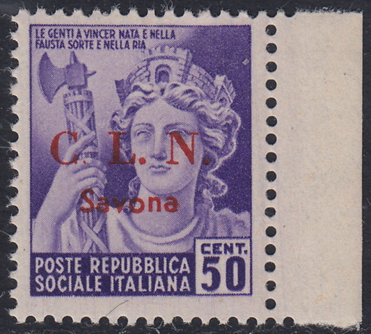 CLN88 - 1945 Monuments Destroyed c. 50 violet with CLN Savona overprint in red, "small dot after C" variety, new intact (6db)