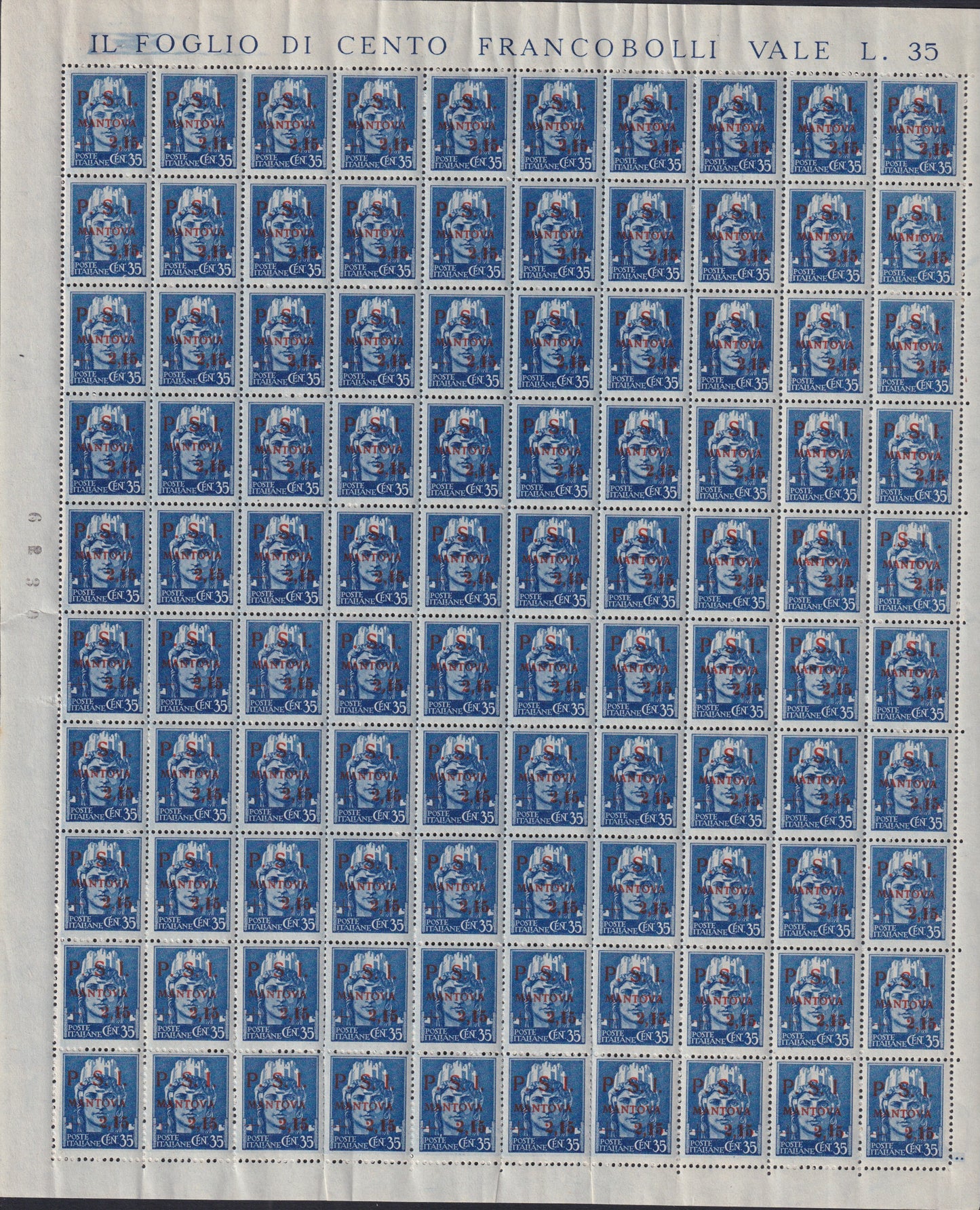 CLN92- CLN Mantua, Imperiale L.2.15 on c. 35 light blue complete sheet of 100 copies, including all possible varieties, new with intact gum (3)