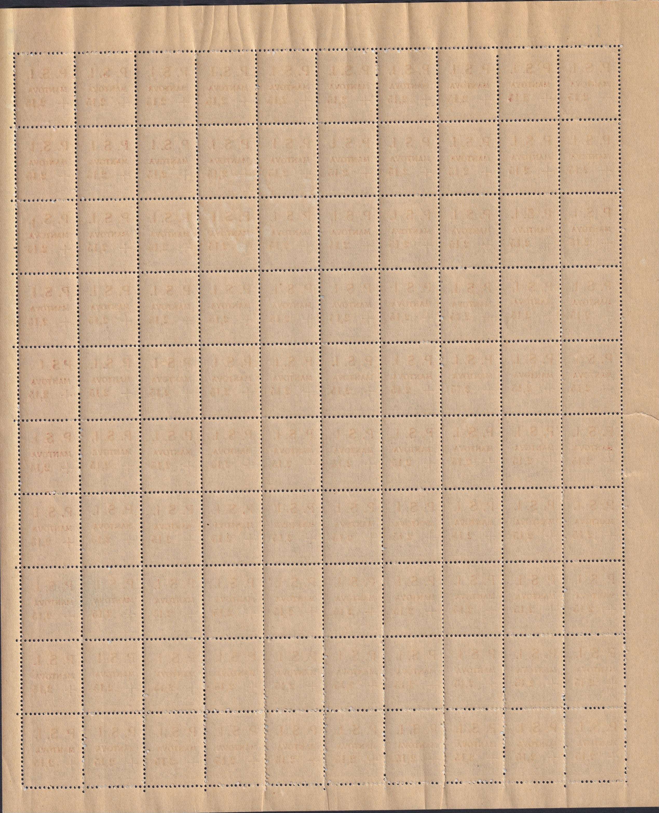 CLN92- CLN Mantova, Imperiale L.2,15 su c. 35 azzurro foglio completo di 100 esemplari, compreso di tutte le varietà eventuali, nuovo con gomma integra  (3)