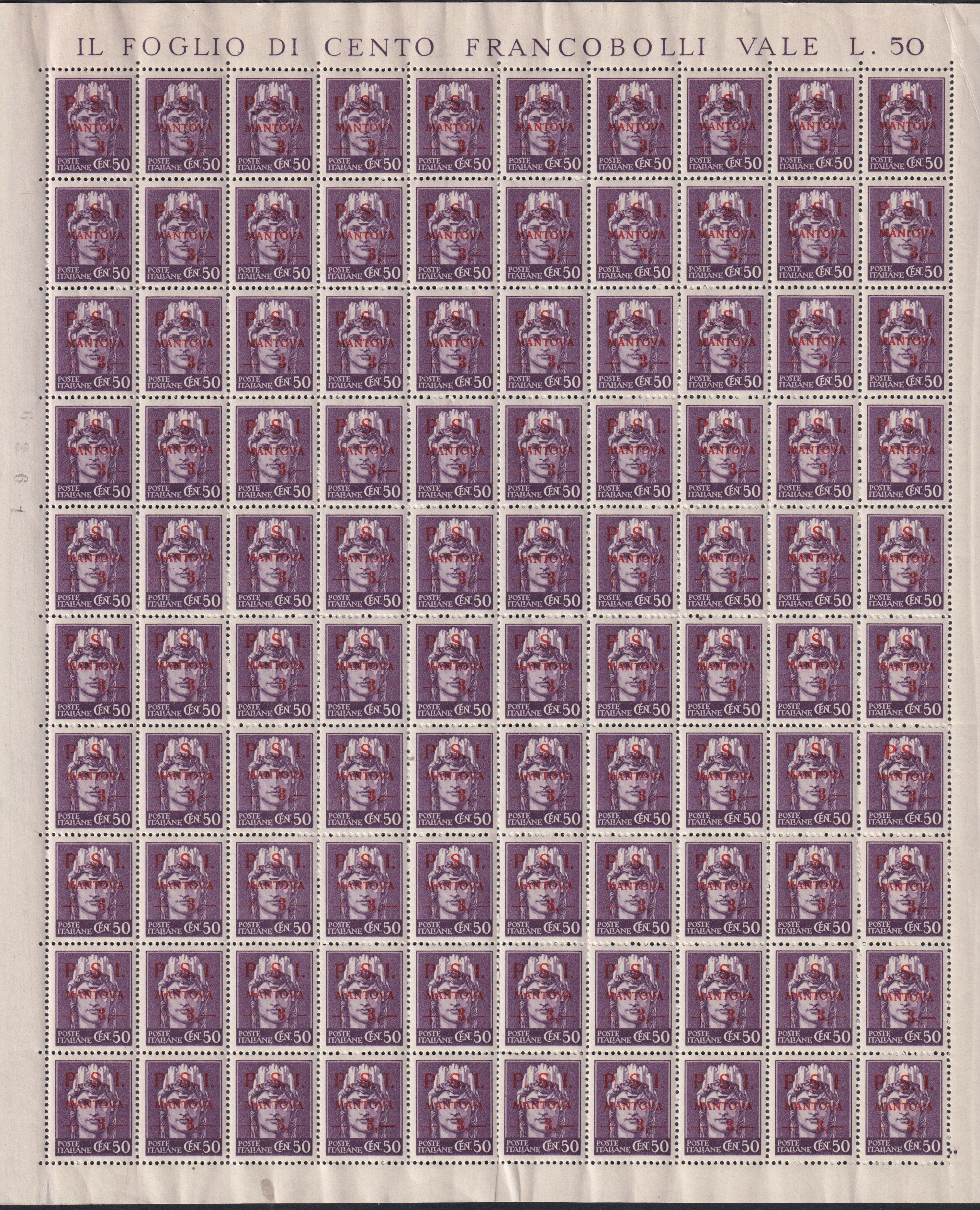 CLN93 - CLN Mantova, Imperiale L.3,00 su c. 50 violetto foglio completo di 100 esemplari, compreso di tutte le varietà eventuali, nuovo con gomma integra (4)