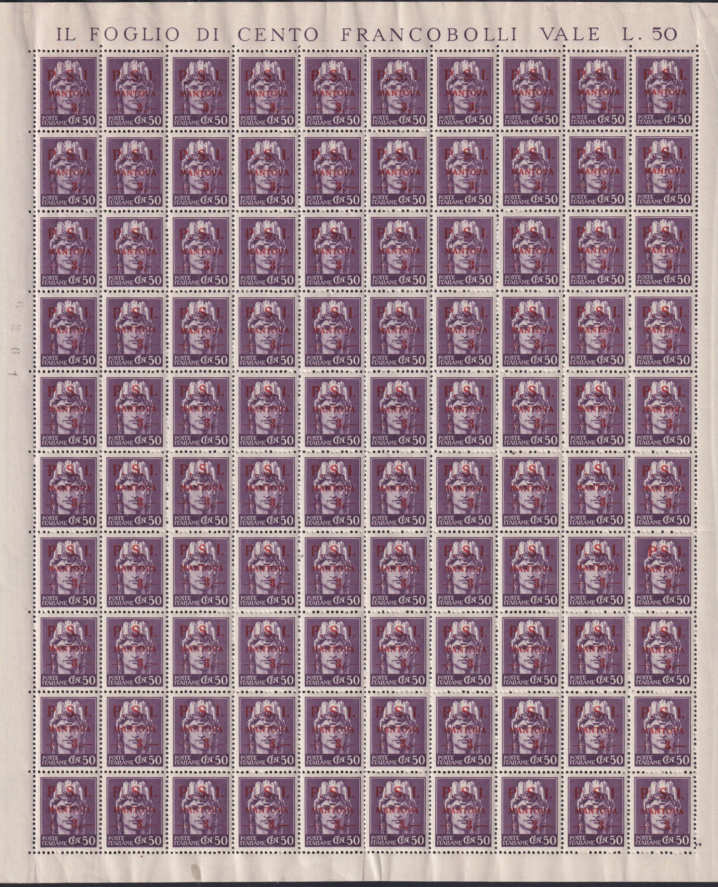 CLN93 - CLN Mantua, Imperiale L.3,00 on c. 50 violet complete sheet of 100 copies, including all possible varieties, new with intact gum (4)