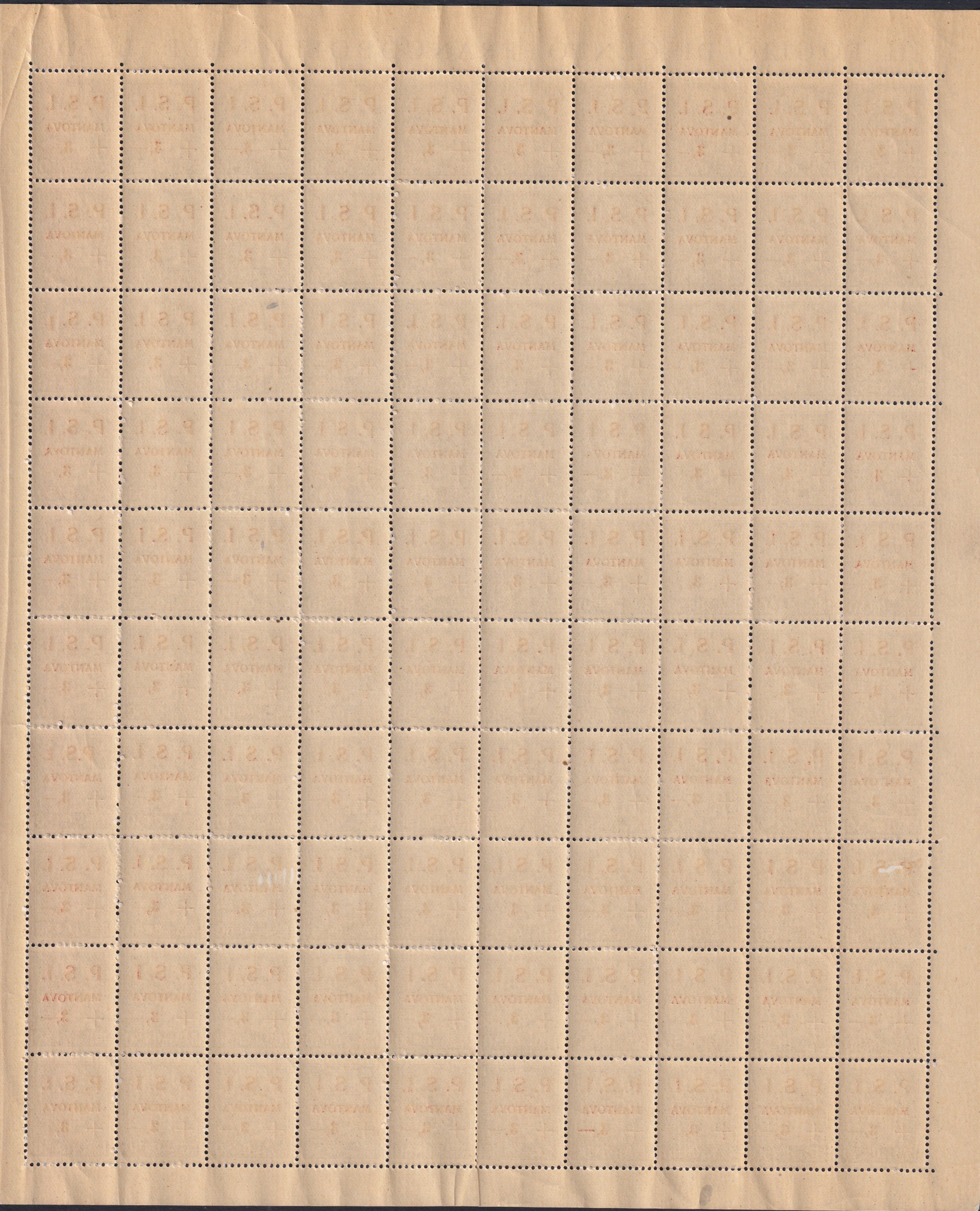 CLN93 - CLN Mantova, Imperiale L.3,00 su c. 50 violetto foglio completo di 100 esemplari, compreso di tutte le varietà eventuali, nuovo con gomma integra (4)