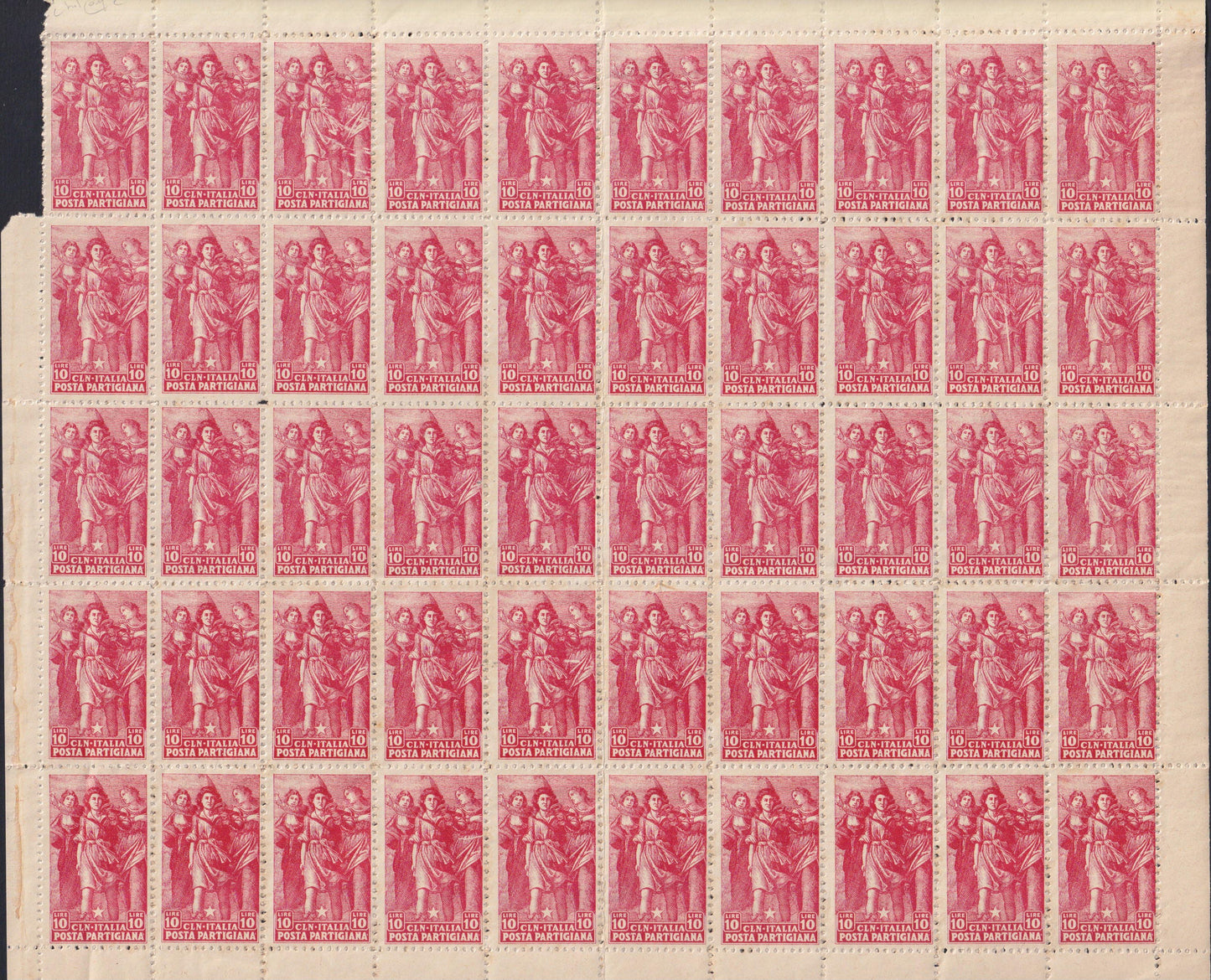 CLN94 - CLN PARMA, Posta Partigiana, the set of two complete sheets of 50 copies including all the lithographic varieties cataloged by Errani Raybaudi, Rarity! (1, 2).
