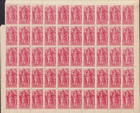 CLN94 - CLN PARMA, Posta Partigiana, il set dei due fogli completi da 50 esemplari comprendenti tutte le varietà litografiche catalogate dall'Errani Raybaudi, Rarità! (1, 2).