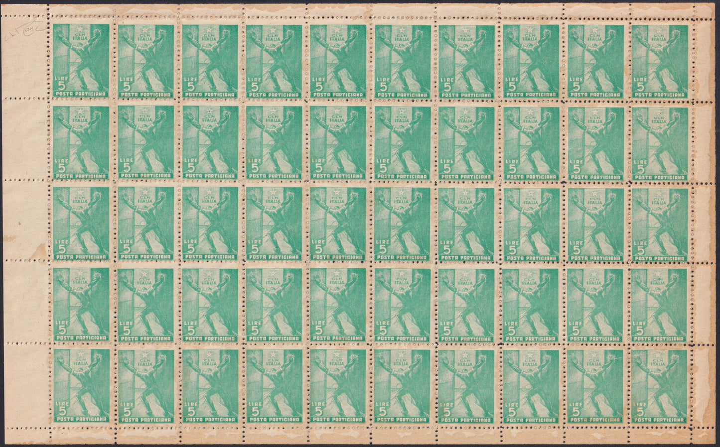 CLN94 - CLN PARMA, Posta Partigiana, il set dei due fogli completi da 50 esemplari comprendenti tutte le varietà litografiche catalogate dall'Errani Raybaudi, Rarità! (1, 2).