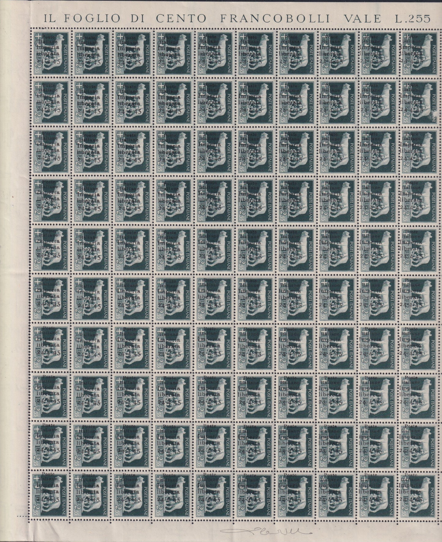 CLN96 - CLN Imperia, Imperiale L. 2.55 green gray complete sheet of 100 copies, including all possible varieties, new with intact gum (10)