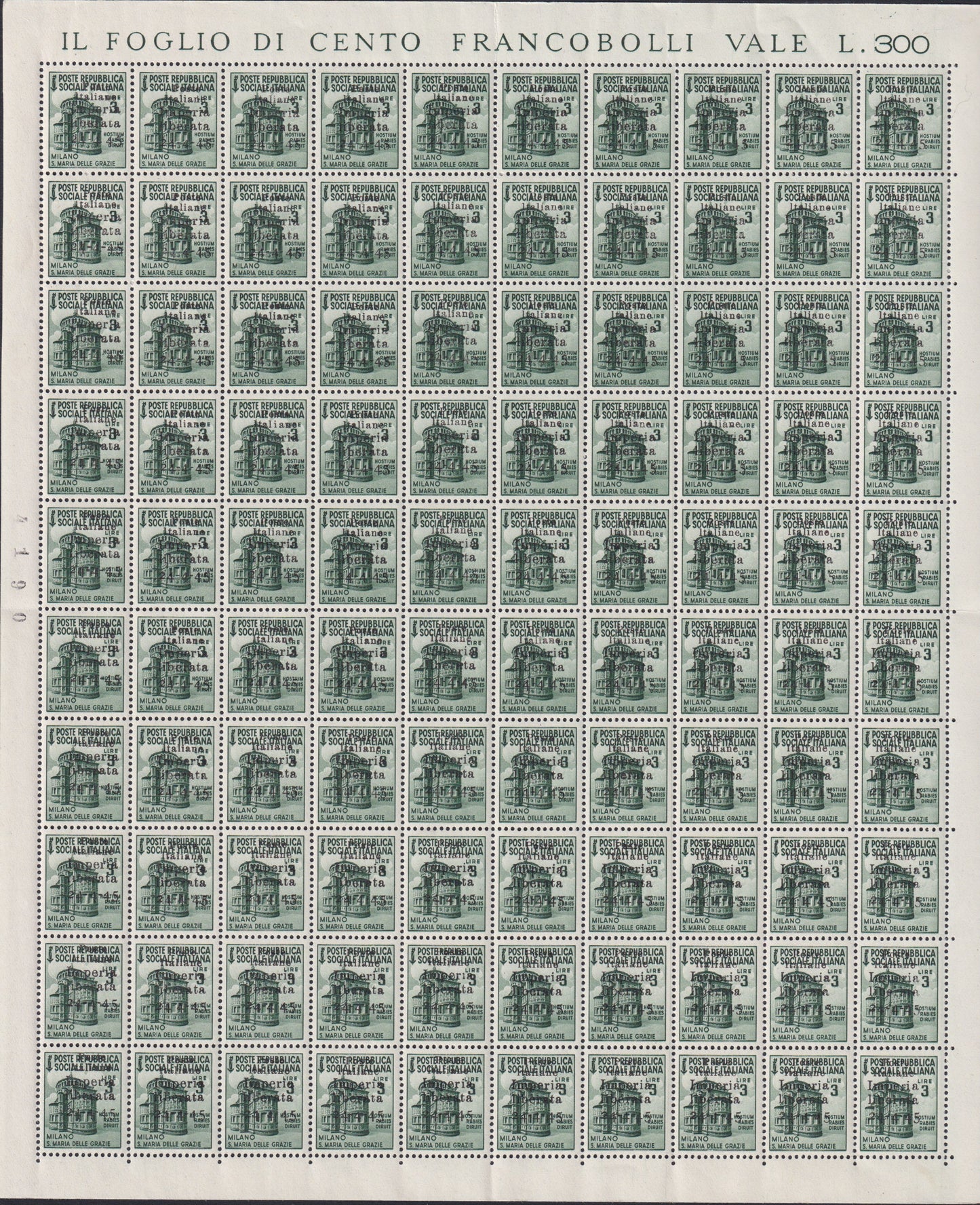 CLN97 - CLN Imperia, Destroyed Monuments L. 3 myrtle green complete sheet of 100 copies, including all possible varieties, new with intact gum (11)