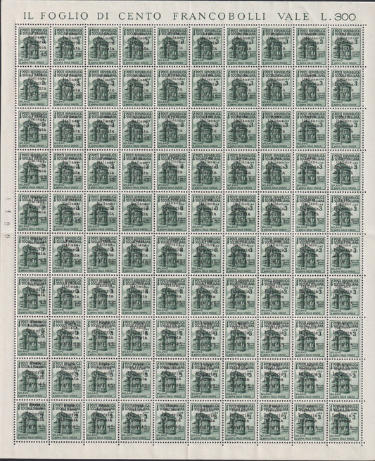 CLN97 - CLN Imperia, Monumenti Distrutti L. 3 verde mirto foglio completo di 100 esemplari, compreso di tutte le varietà eventuali, nuovo con gomma integra (11)