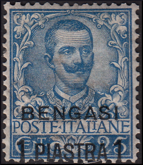 COL52 - 1901 - Floreale c. 25 azzurro soprastampato "BENGASI, 1 Piastra" nuovo con gomma originale (1)