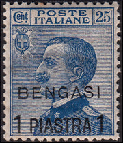COL53 - 1911 - Michetti c. 25 azzurro soprastampato "BENGASI, 1 Piastra" nuovo con gomma originale (2)