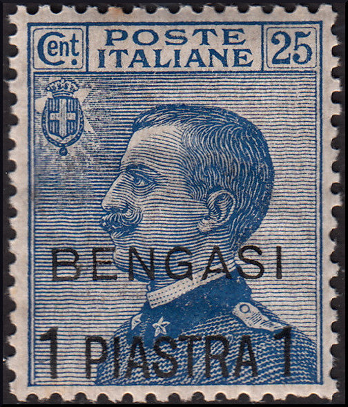 COL53 - 1911 - Michetti c. 25 azzurro soprastampato "BENGASI, 1 Piastra" nuovo con gomma originale (2)