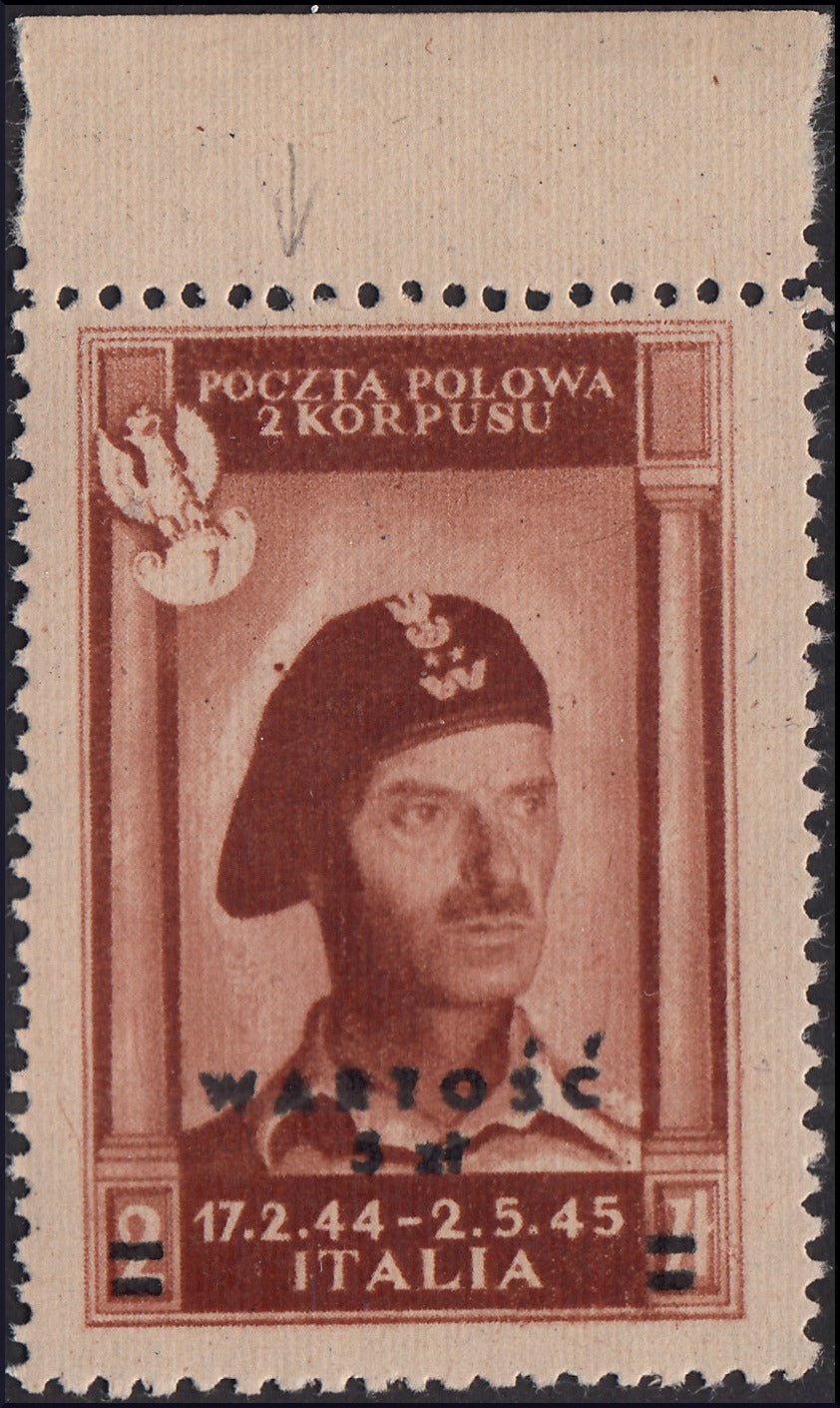 CP105 - 1946 - Polish Corps, Polish victories in Italy 5z on 2z red brown on yellowish, thick and poor quality paper new intact rubber (1)