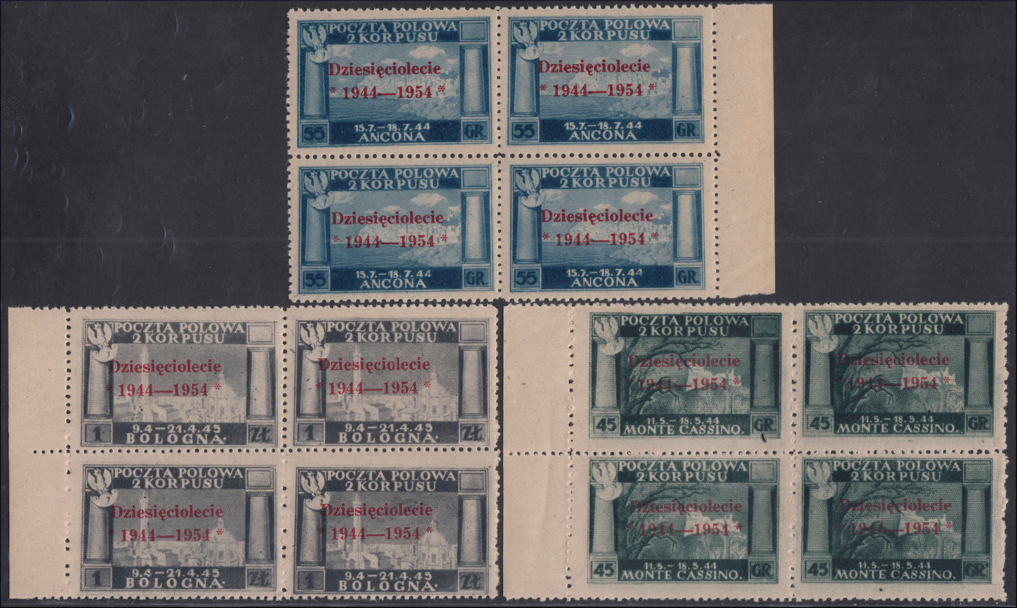 CP110 - 1954 - Polish Government of London, Polish victories in Italy series of three stamps in block with carmine overprint new intact rubber (4/6)