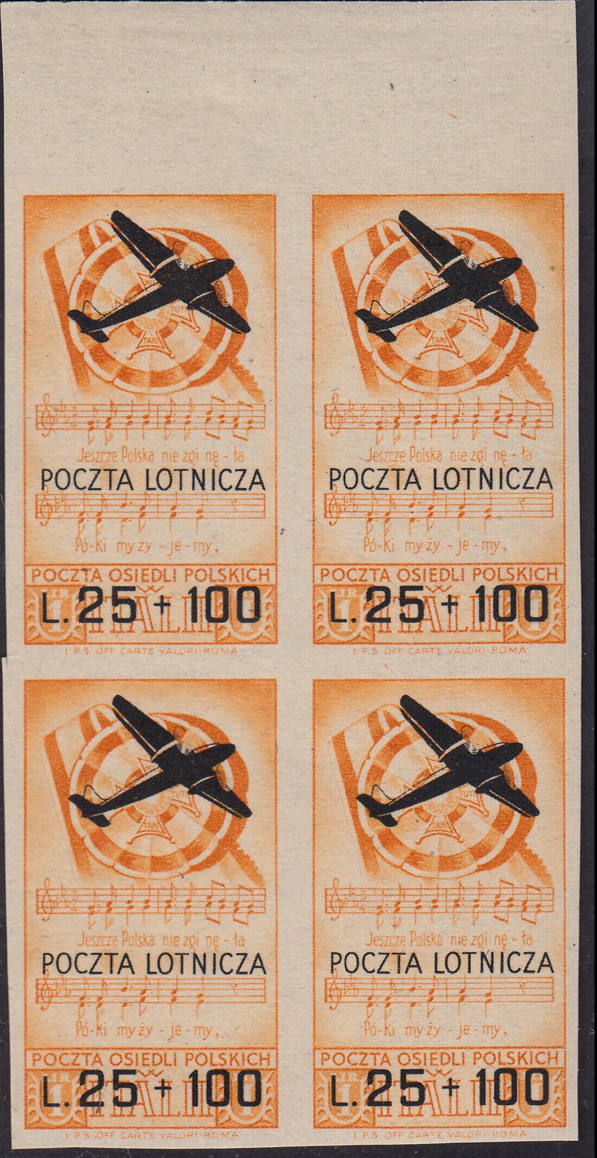 CP95 - 1946 - Corpo Polacco, francobolli di Soccorso di Guerra,  L. 25 + 100 arancio e nero, non dentellato quartina nuova gomma integra.(A3a).