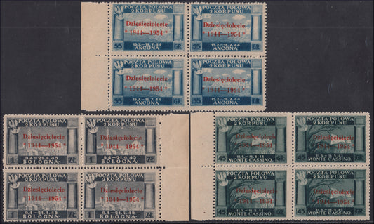 CP113- 1954 - Polish Government of London, Polish victories in Italy series of three stamps in block with vermilion overprint new intact rubber (7/9)