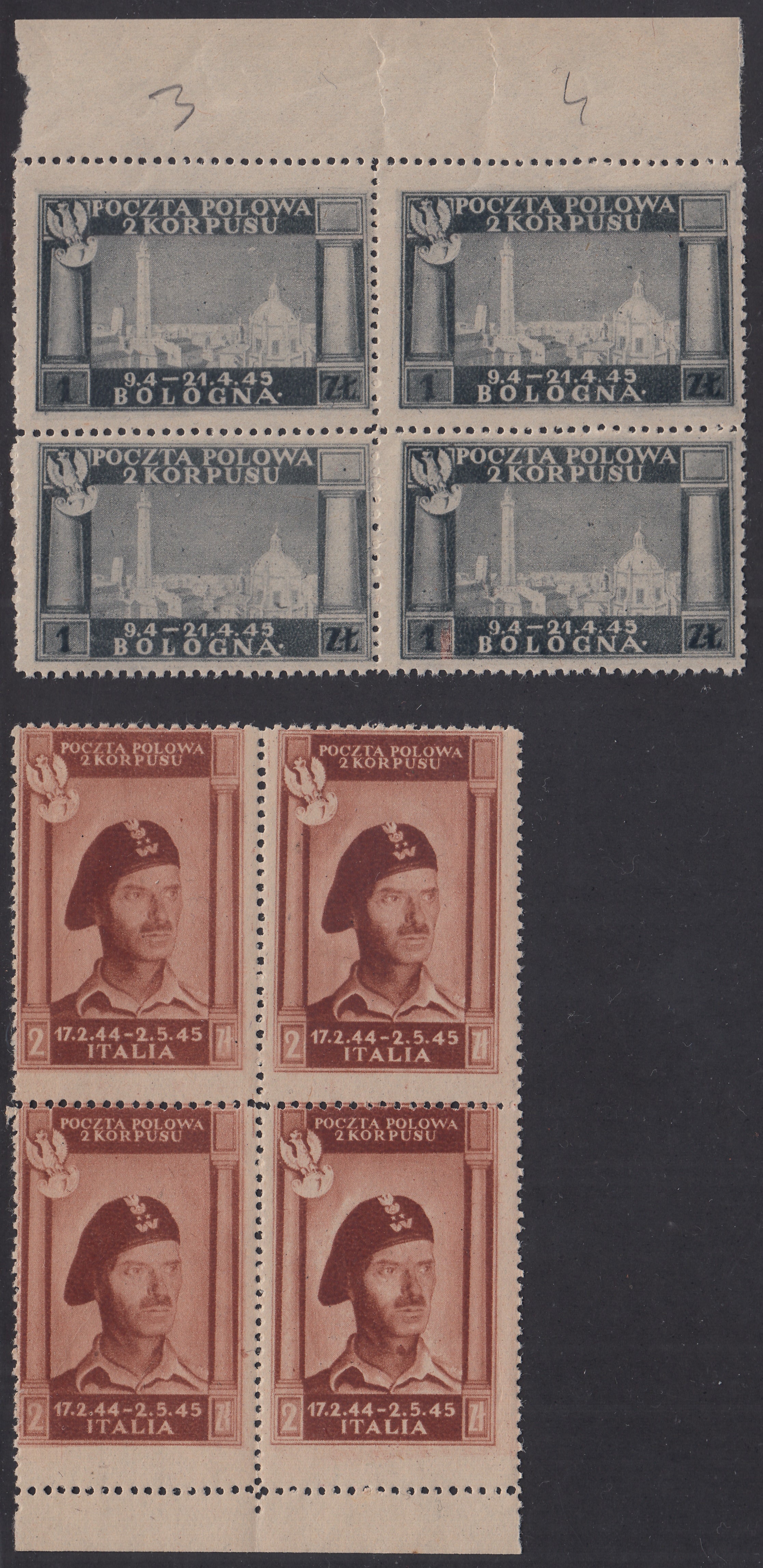 CP134 - 1946 - Polish Corps, Polish victories in Italy series on greyish poor quality paper, 4 values ​​in new quatrains, undamaged rubber (1/4)