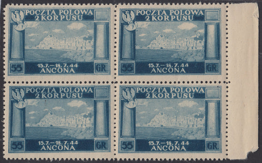 CP144 - 1946 - Corpo Polacco, vittorie polacche in Italia 55g. azzurro su carta giallastra, spessa e di qualità scadente, quartina nuova gomma integra  (6A)