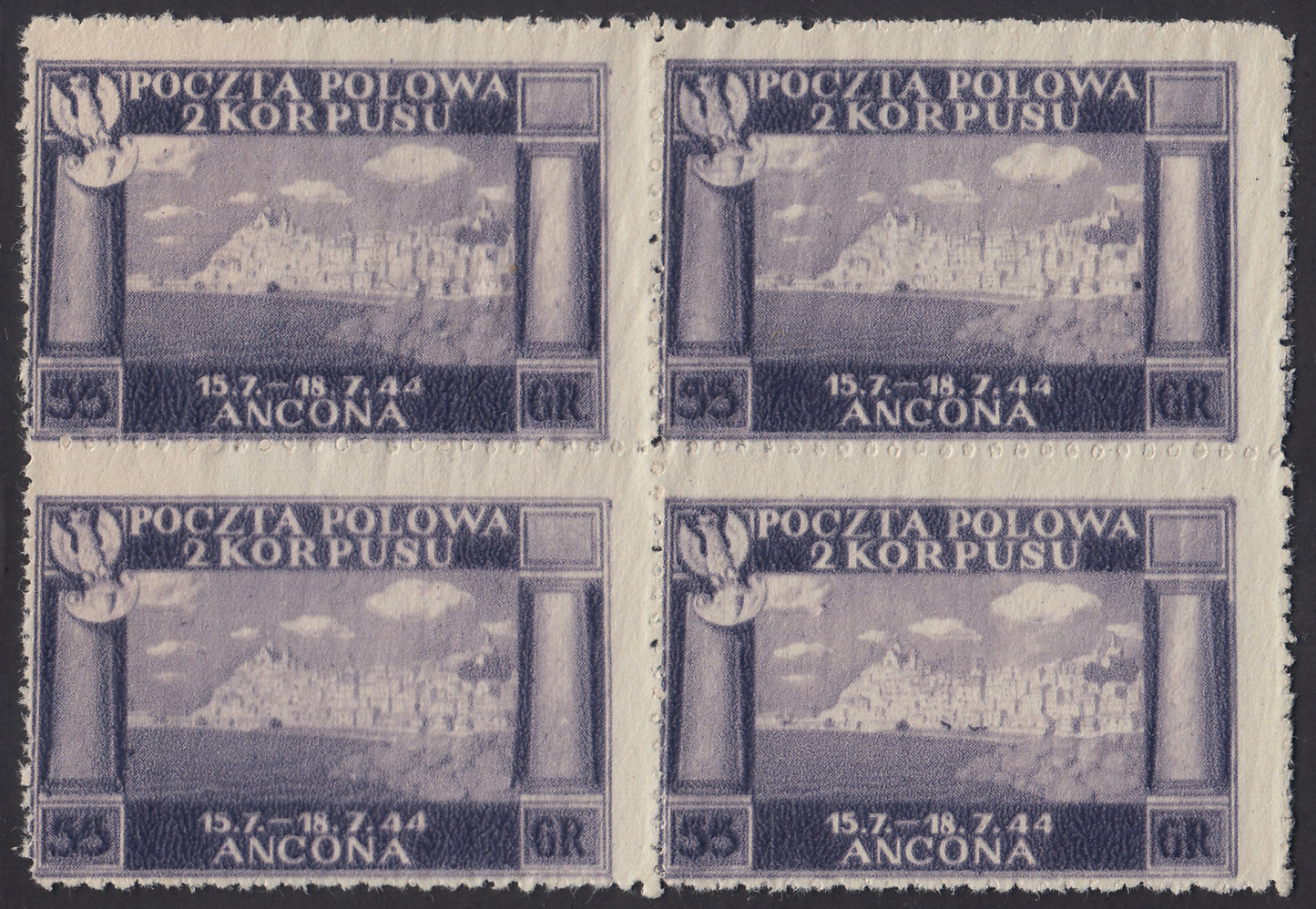 CP145 - 1946 - Polish Corps, Polish victories in Italy series on yellowish, thick, poor quality paper, different color 55g. violet in new, ungummed block (6A/I)