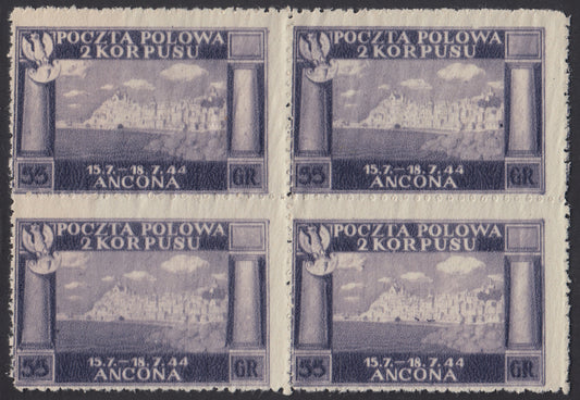 CP145 - 1946 - Corpo Polacco, vittorie polacche in Italia serie su carta giallastra, spessa e di qualità scadente, colore diverso 55g. violetto in quartina nuova non gommata (6A/I)