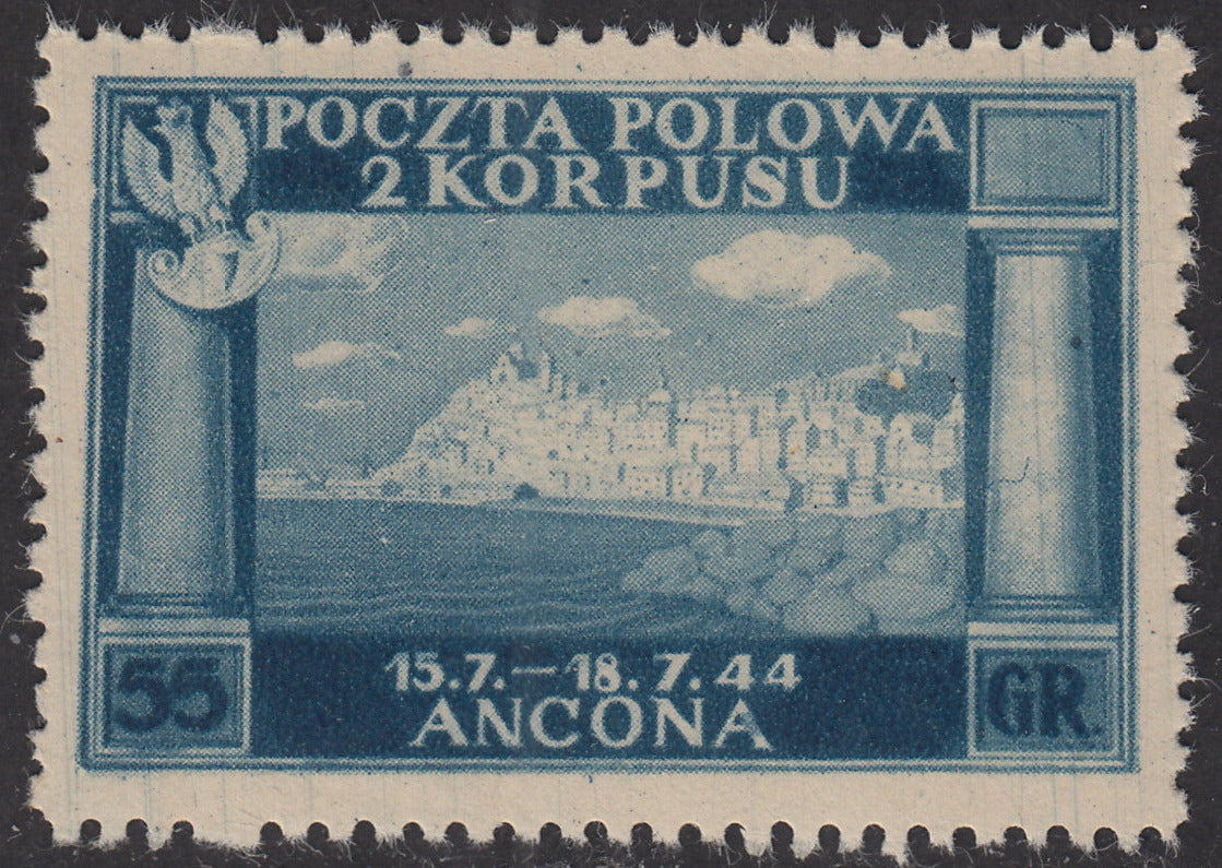 CP147 - 1946 - Polish Corps, Polish victories in Italy 55d. light blue on yellowish, thick and poor quality paper, new undamaged gum (6A)