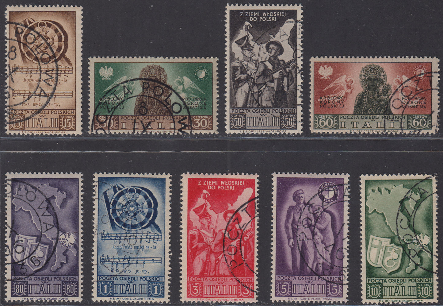 CP161 - 1946 - Polish Corps, War Relief stamps Complete set of nine values ​​used (18/26).