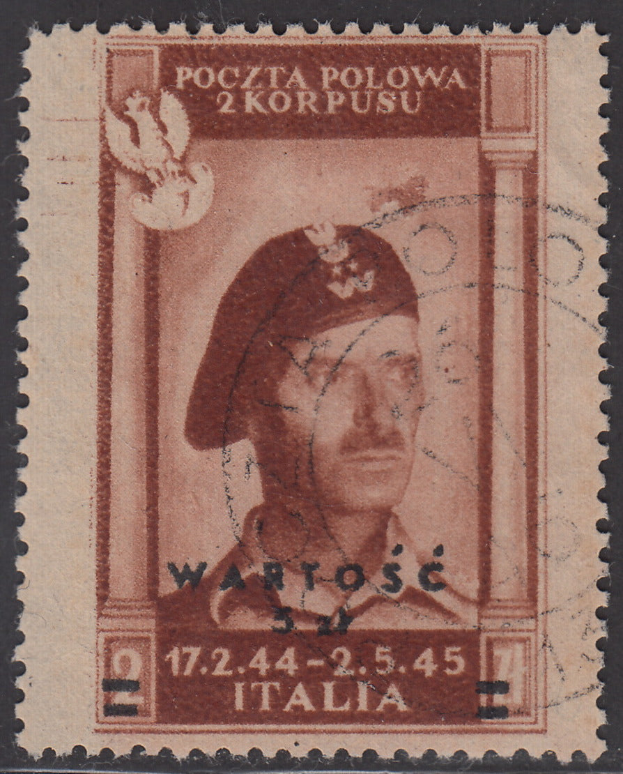 CP163 - 1946 - Polish Corps, Polish victories in Italy 5z on 2z red brown on yellowish, thick and poor quality paper used (1)