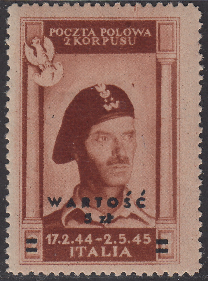 CP164 - 1946 - Corpo Polacco, vittorie polacche in Italia 5z su 2z bruno rosso su carta giallastra, spessa e di qualità scadente nuovo gomma originale (1)