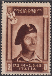 CP165 - 1946 - Corpo Polacco, vittorie polacche in Italia 2z bruno cioccolato scuro su carta bianca, spessa e di buona qualità nuovo non gommato (8a)