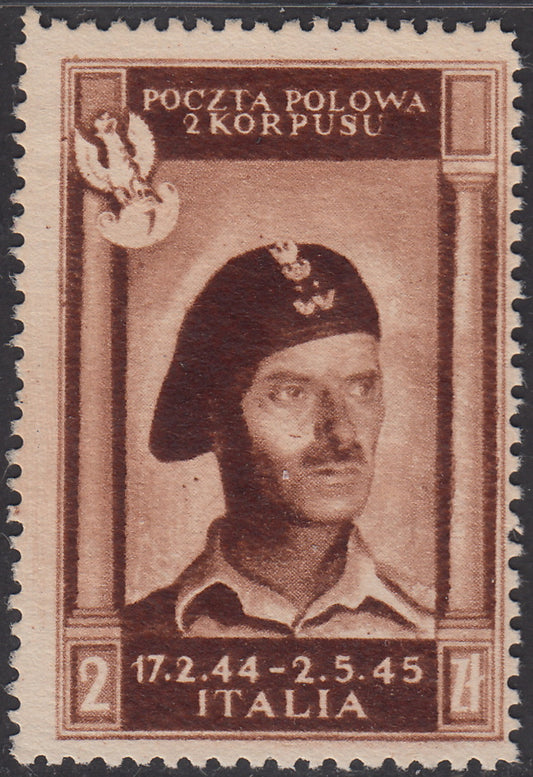 CP165 - 1946 - Corpo Polacco, vittorie polacche in Italia 2z bruno cioccolato scuro su carta bianca, spessa e di buona qualità nuovo non gommato (8a)