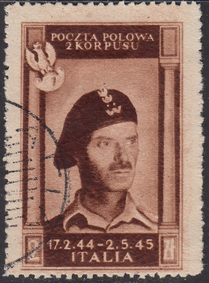 CP166 - 1946 - Corpo Polacco, vittorie polacche in Italia 2z bruno cioccolato scuro su carta bianca, spessa e di buona qualità usato (8a)