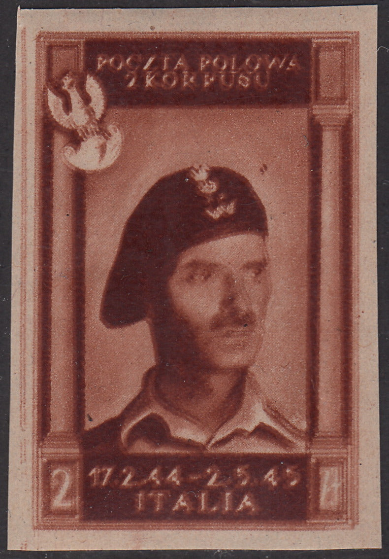 CP167 - 1946 - Polish Corps, Polish victories in Italy 2z red brown on yellowish, thick and poor quality paper DOUBLE PRINT variety new original rubber (4ac)